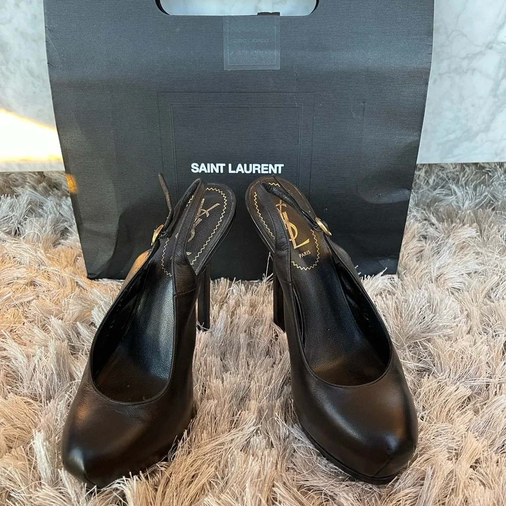 Yves Saint Laurent YSL Black Leather tribute tribtoo Slingback Pumps - Picture 6 of 8